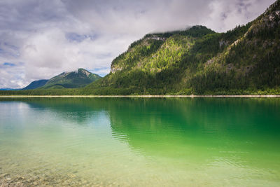 Scenic view of lake by mountains against sky