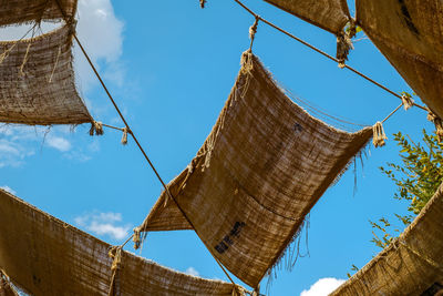 Old jute sacks draping ceiling