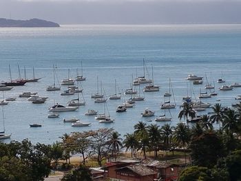 High angle view of boats moored in sea