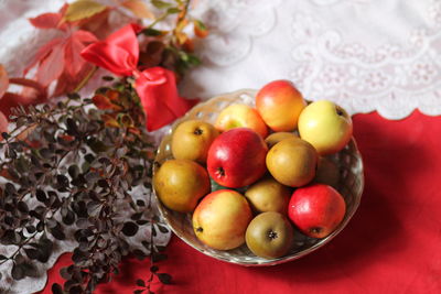 Close-up of fruits in basket on table