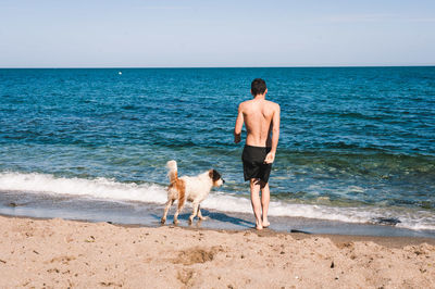 Rear view of man with dog on beach