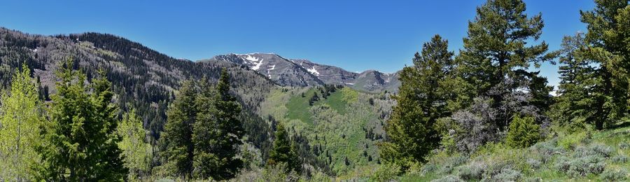 Panoramic view of land and mountains against clear sky