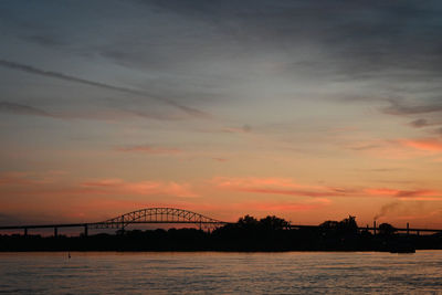 Silhouette bridge over river against sky during sunset