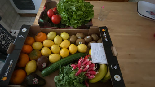 High angle view of fruits and vegetables in container