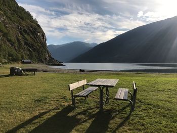 Scenic view of lake by mountains against sky