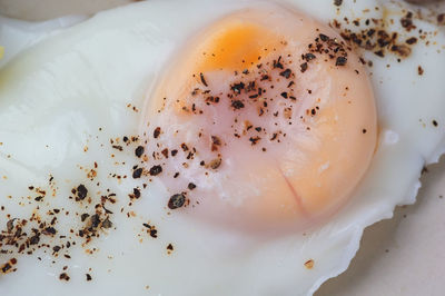 High angle view of eggs in plate