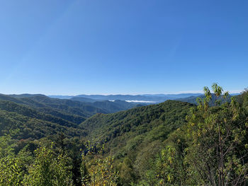 Scenic view of mountains against clear blue sky.