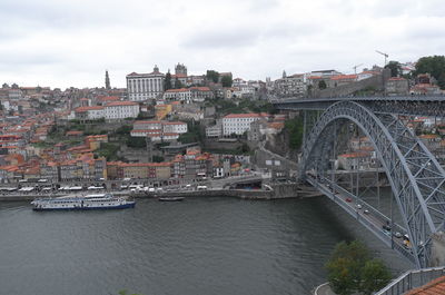 Bridge over river in city against sky