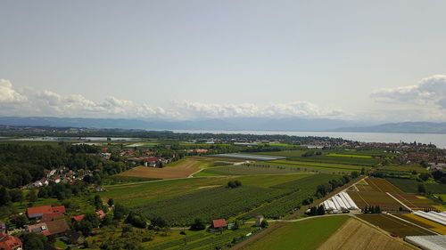 High angle view of agricultural field against sky