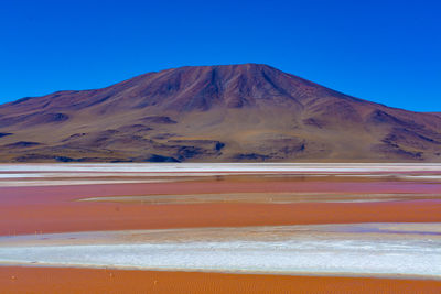 Scenic view of desert against clear blue sky