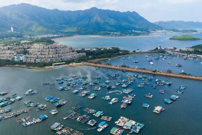 High angle view of harbor by sea