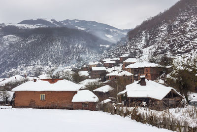Snow covered houses by trees and mountains during winter