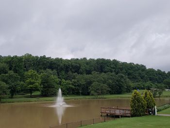 Scenic view of lake against trees in forest against sky