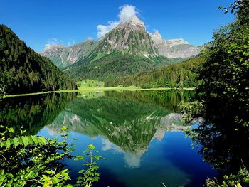 Scenic view of lake and mountains against sky