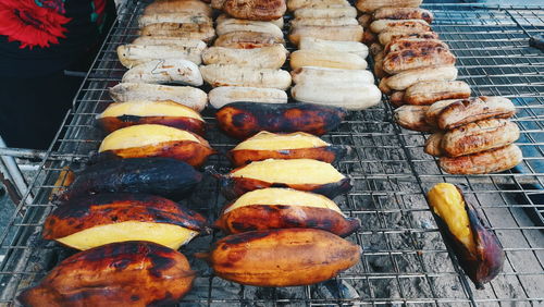 High angle view of bananas on barbecue grill