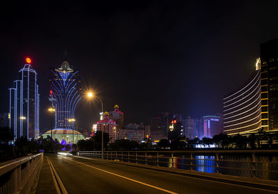 Illuminated street amidst buildings against sky at night