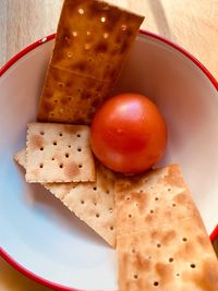 High angle view of breakfast in plate on table