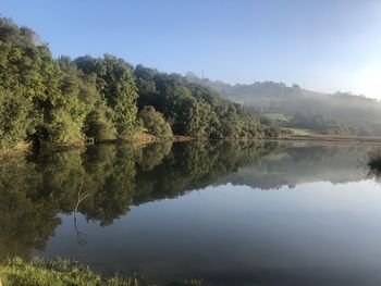 Scenic view of lake by trees against sky