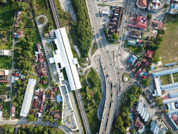 High angle view of street amidst buildings in city