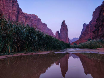 Reflection of rocks in lake against sky