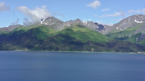 Scenic view of mountains against cloudy sky