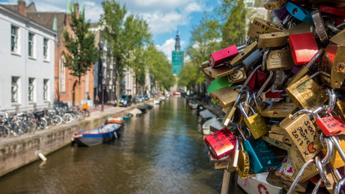 Close-up of love locks on railing in city