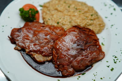 High angle view of food served in plate