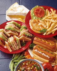 High angle view of food served on table