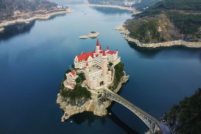 High angle view of boats in sea