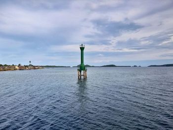 Lighthouse by sea against sky