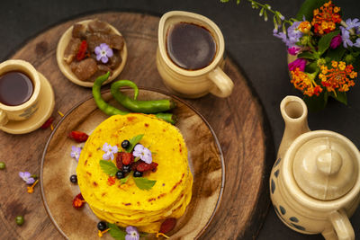 High angle view of breakfast served on table