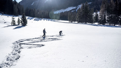 People skiing on snow covered land