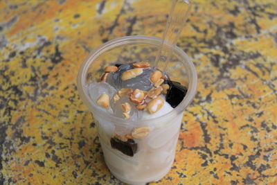 High angle view of breakfast on table