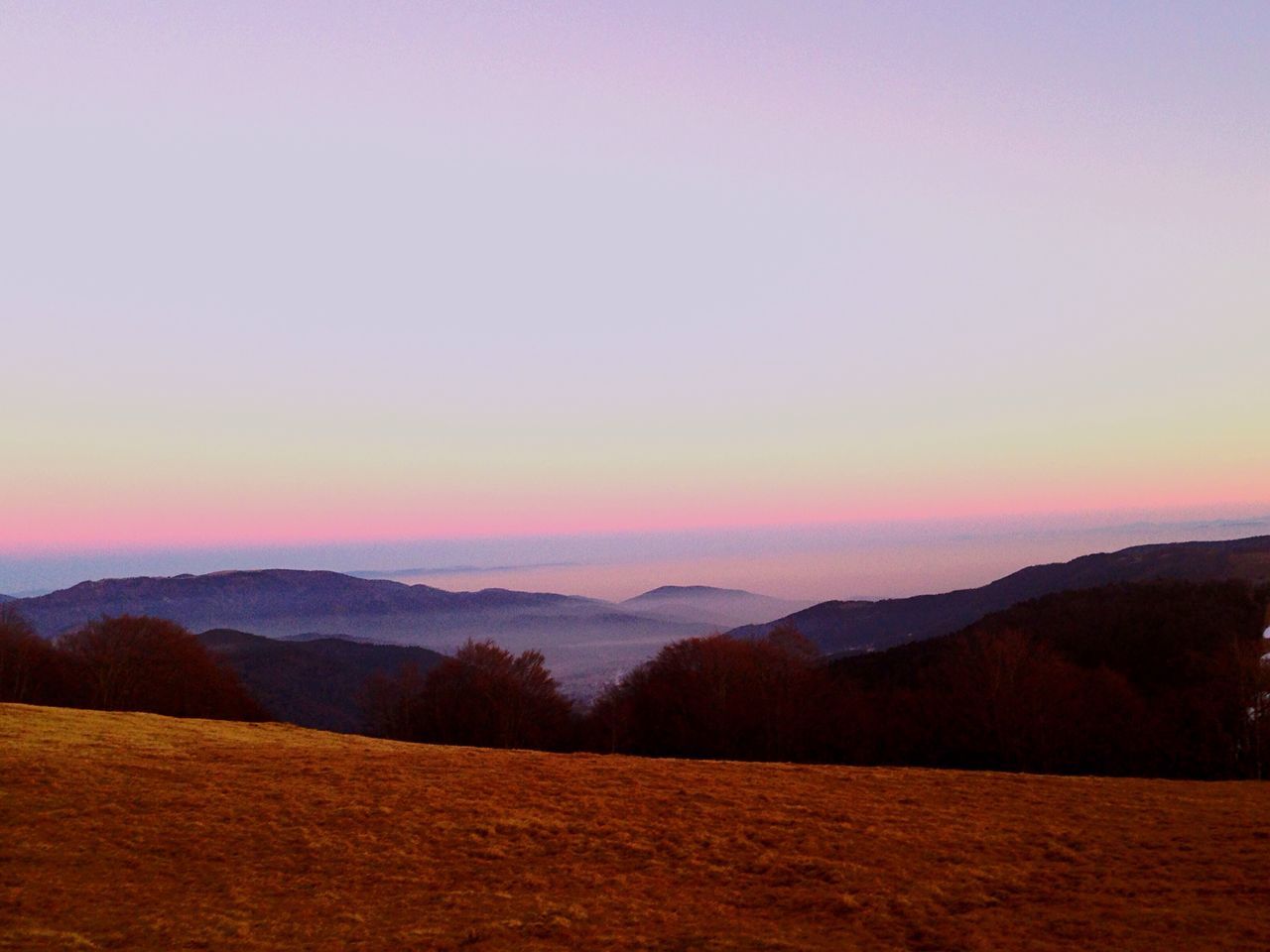 sunset, scenics, beauty in nature, tranquil scene, pink color, no people, tranquility, landscape, nature, sky, tree, outdoors, mountain, day