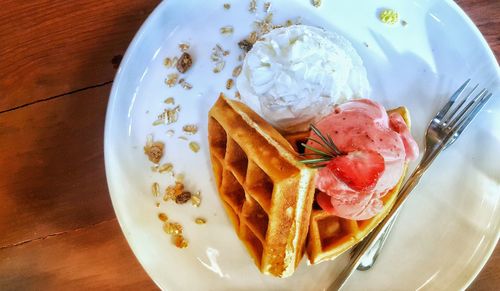 High angle view of dessert in plate on table