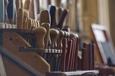 Close-up of wooden work tools