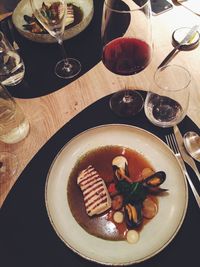 High angle view of food in plate on table