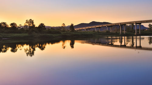 Scenic view of lake against clear sky during sunset