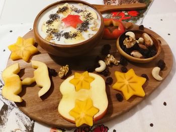 High angle view of cookies in plate on table