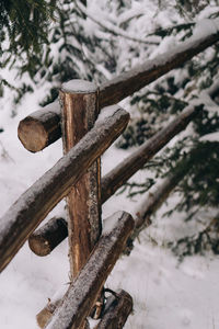 Close-up of wooden fence on snow covered land