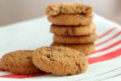 Close-up of cookies on napkin