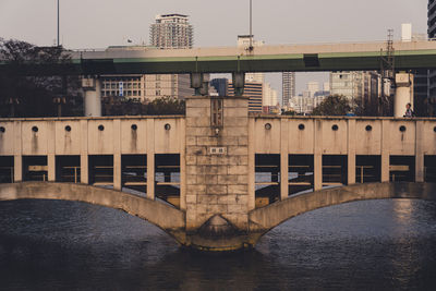 Bridge over river against buildings in city