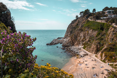 View of a beach and hills in tossa de mar, spain. coast of catalonia