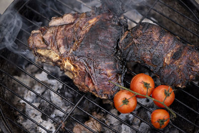 High angle view of vegetables on barbecue grill