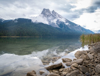Scenic view of lake by snowcapped mountains against sky