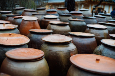 Close-up of earthenware at workshop