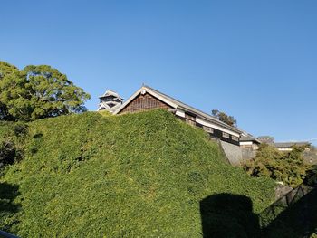 Low angle view of building against clear blue sky