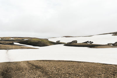 View of snowy landscape in iceland on cloudy day during famous laugavegur trail