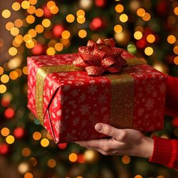 Cropped hand of woman holding christmas presents