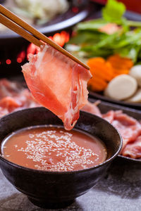 High angle view of meat in bowl on table